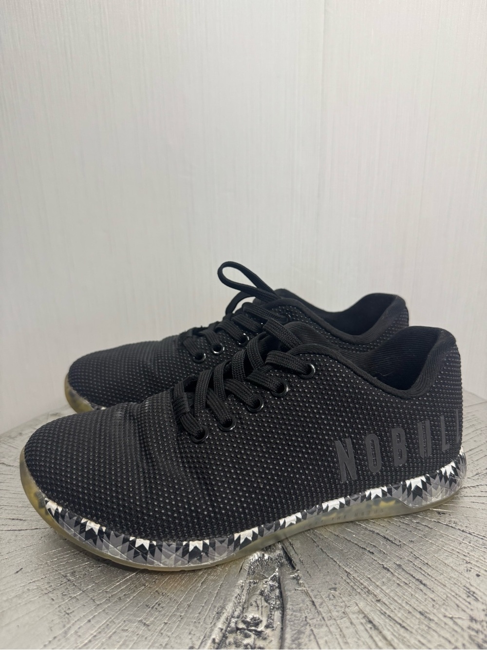NOBULL Outwork Black Patchwork Cross-Training Shoes. Size 7.